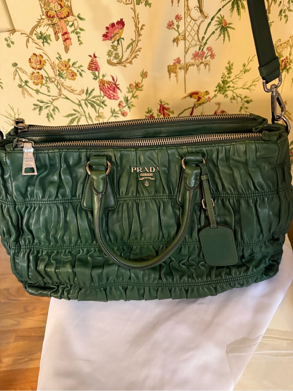 Prada Green Nappa Gaufre Lambskin Leather Satchel